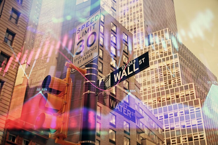 Foto forex grafiek op stadsbeeld met hoge gebouwen achtergrond multi-exposure financiële onderzoeksconcept
