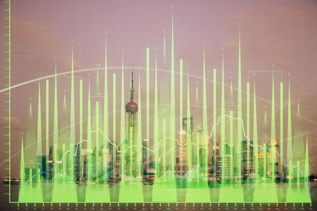 Forex grafiek op stadsgezicht met hoge gebouwen achtergrond multi-exposure Financieel onderzoeksconcept