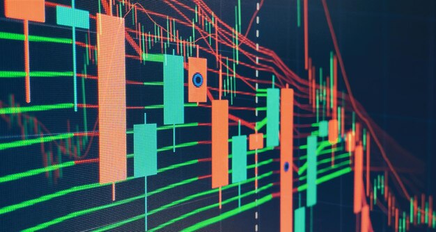 디지털 화면의 Forex 그래프 차트. 지속 가능한 포트폴리오 관리, 위험 분산 개념을 통한 장기 자산 관리.