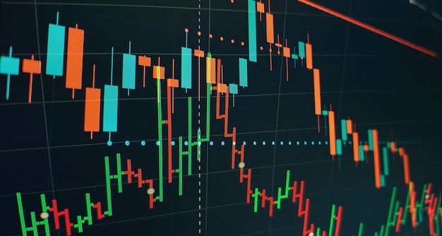 디지털 화면의 Forex 그래프 차트. 지속 가능한 포트폴리오 관리, 위험 분산 개념을 통한 장기 자산 관리.