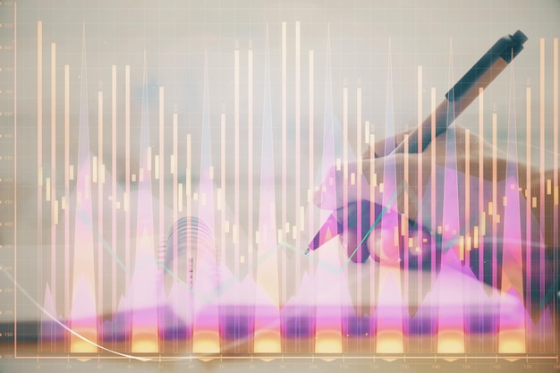 Photo forex graph on hand taking notes background concept of research multi exposure