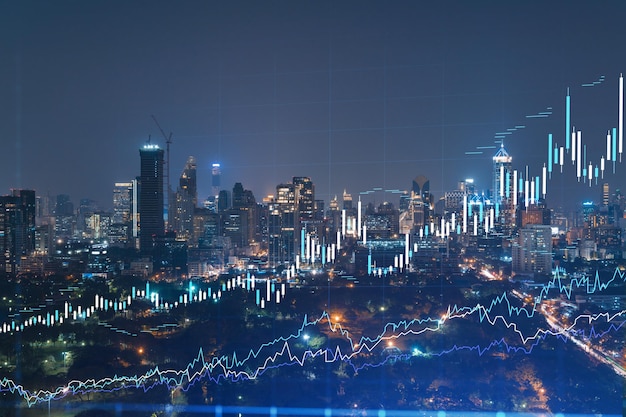 FOREX グラフ ホログラム 空撮夜景 バンコクのパノラマ都市景観 東南アジアの株式市場研究者向けに開発された場所 ファンダメンタル分析の概念 二重露光
