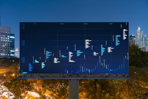 バンコクのビルボード空中夜パノラマ都市景観の外国為替グラフホログラム東南アジアの株式市場研究者のための開発された場所ファンダメンタル分析の概念