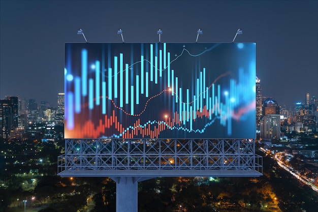 FOREX graph hologram on billboard aerial night panoramic cityscape of Bangkok The developed location for stock market researchers in Southeast Asia The concept of fundamental analysis