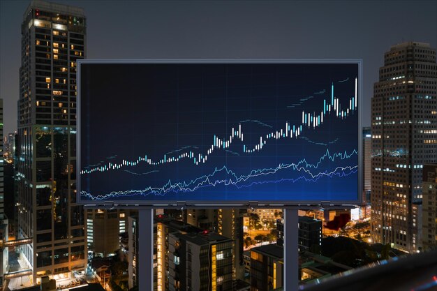 Forex graph hologram on billboard aerial night panoramic\
cityscape of bangkok the developed location for stock market\
researchers in southeast asia the concept of fundamental\
analysis