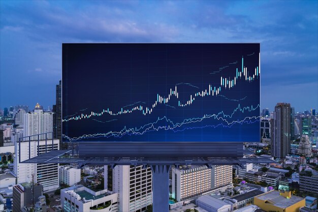 Forex graph hologram on billboard aerial night panoramic
cityscape of bangkok the developed location for stock market
researchers in southeast asia the concept of fundamental
analysis