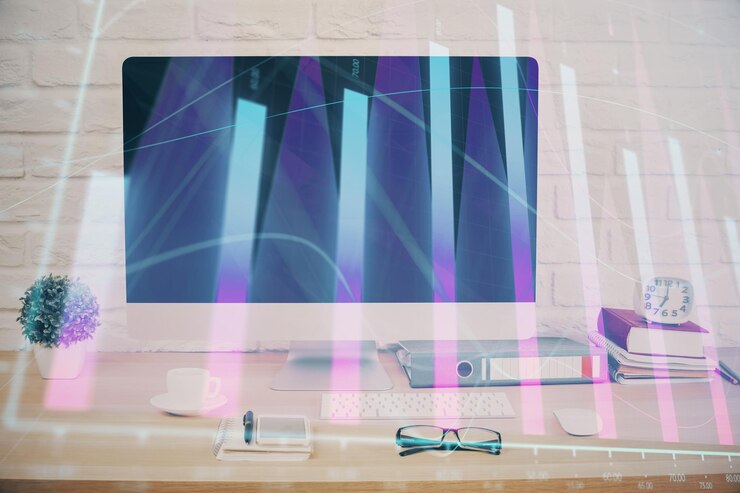 Photo forex graph hologram on table with computer background double exposure concept of financial markets