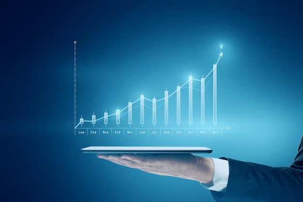 Forex 시장 및 비즈니스 투자 개념, 디지털 태블릿 위의 가상 성장 금융 주식 지표