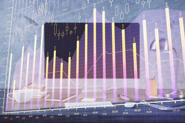 Forex market graph hologram and personal computer on background Multi exposure Concept of investment