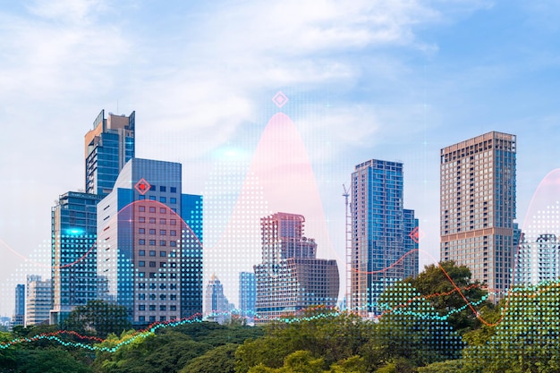 Forex and stock market chart hologram over panorama city view of Bangkok the financial center in Asia The concept of international trading Double exposure