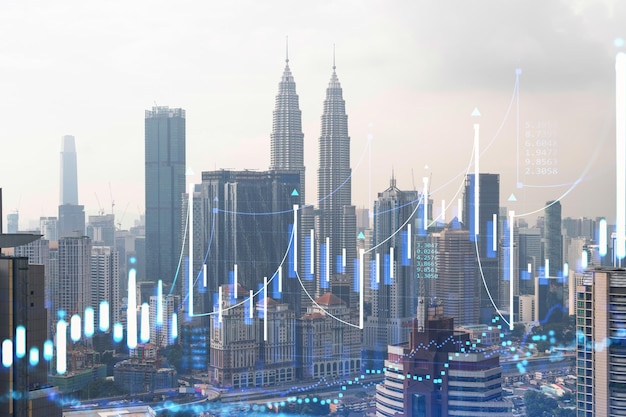 Голограмма графика форекс и фондового рынка с панорамным видом на город Куала-Лумпур KL - финансовый центр Малайзии Азия Концепция международной торговли Двойная экспозиция