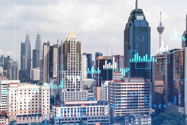 Forex and stock market chart hologram over panorama city view of Kuala Lumpur KL is the financial center in Malaysia Asia The concept of international trading Double exposure