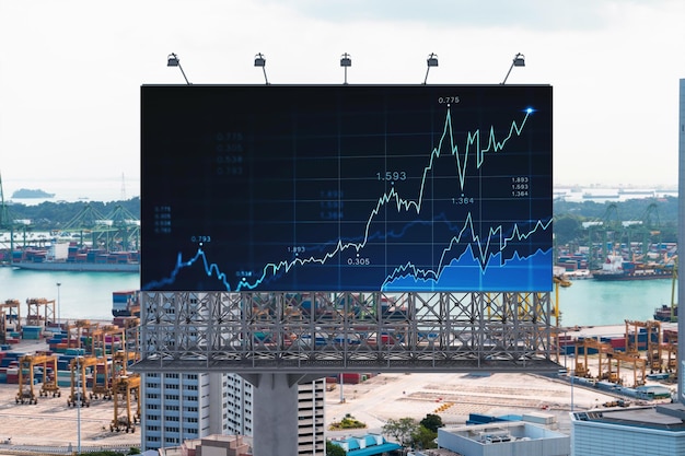 Голограмма графика форекс и фондового рынка на дорожном рекламном щите над панорамным видом на город Сингапур Финансовый центр в Юго-Восточной Азии Концепция международной торговли
