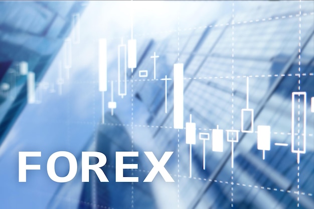 Forex торговая диаграмма финансовых свечей и графики на размытом фоне бизнес-центра