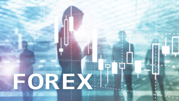 Forex торговая диаграмма финансовых свечей и графики на размытом фоне бизнес-центра