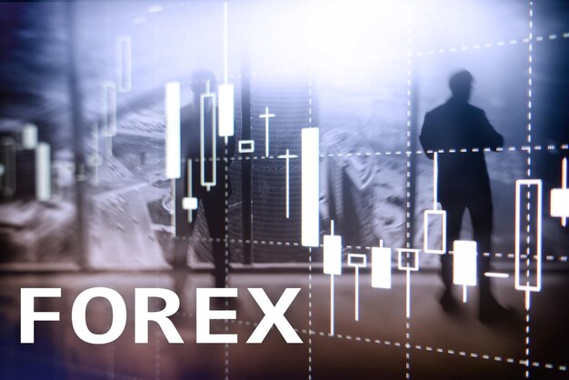 Forex торговая диаграмма финансовых свечей и графики на размытом фоне бизнес-центра