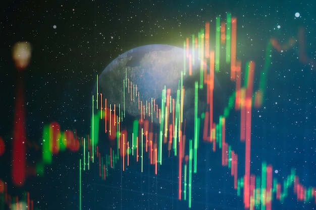 Forex trading graph and candlestick chart suitable for financial investment concept. Economy trends background for business idea and all art work design. Abstract finance background.