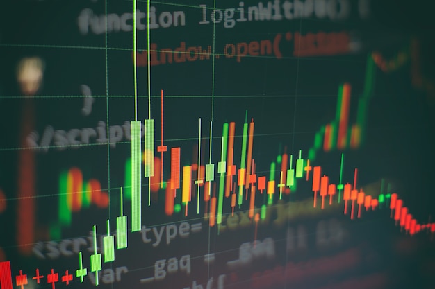 Forex trading graph and candlestick chart suitable for financial investment concept. Economy trends background for business idea and all art work design. Abstract finance background.