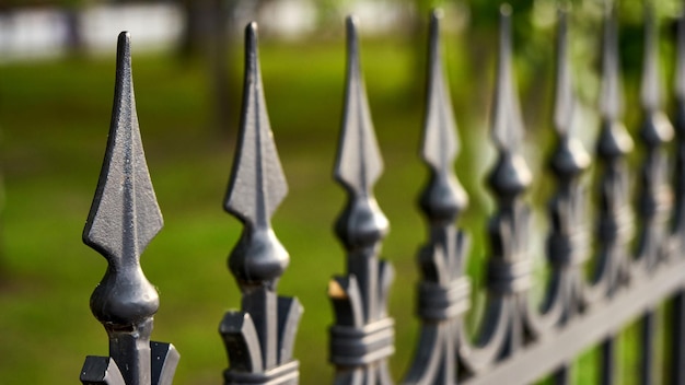 Forged black fence in park. Tomsk Siberia