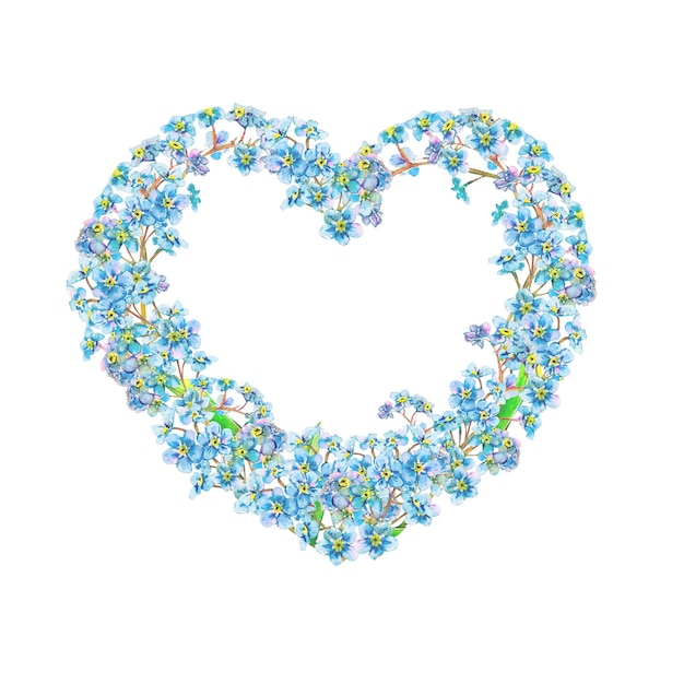 Forgetmenot bloemen hartvormige frame met de hand getekend op witte achtergrond Tender waterverf illustratie van bloemkoppen geïsoleerd Weide wilde bloem scherp geschilderd voor foto kaarten logo stickers