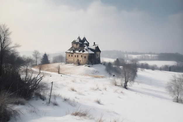 Forgotten medieval castle and small settlement and cold winter generative ai