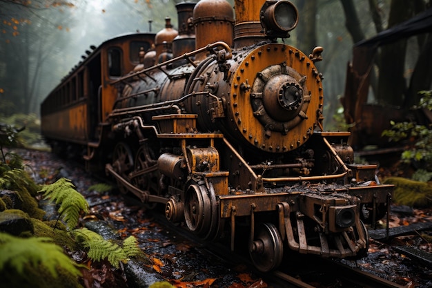 Forgotten old and rusty orange locomotive in the jungle ai generated