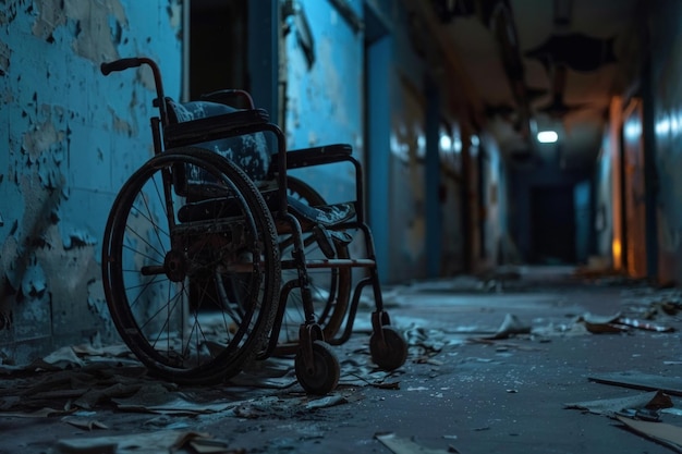 Forgotten pathways an abandoned wheelchair in a decrepit corridor