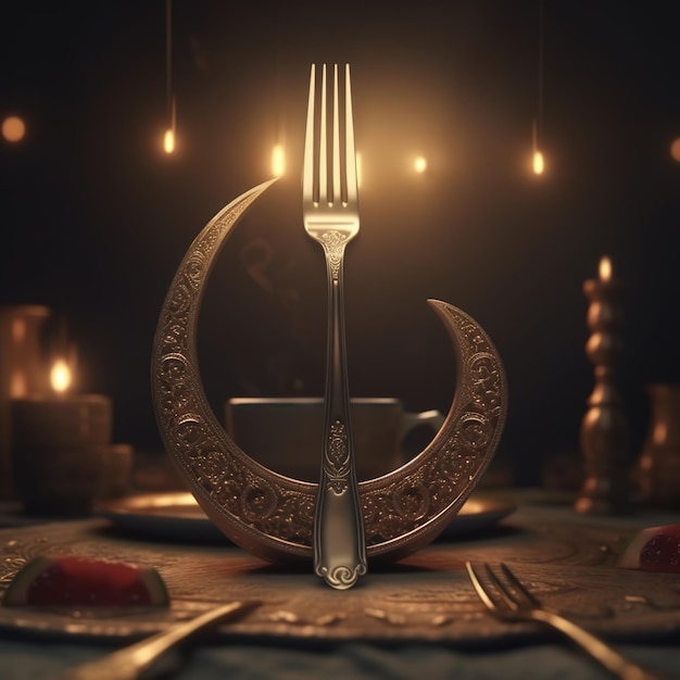 A fork and a crescent moon on a table with candles.