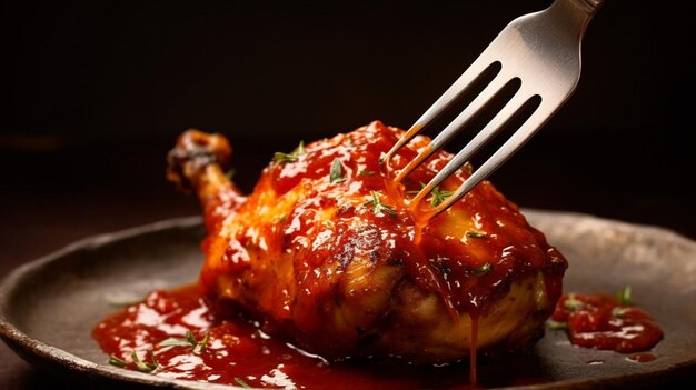 Photo a fork is holding a chicken with a red sauce