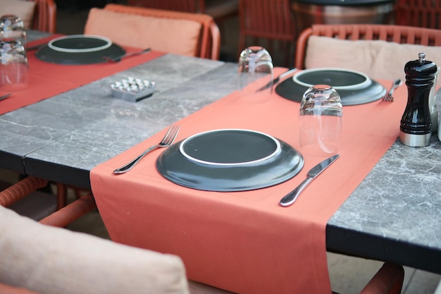 fork knife and a circle shape plate on table