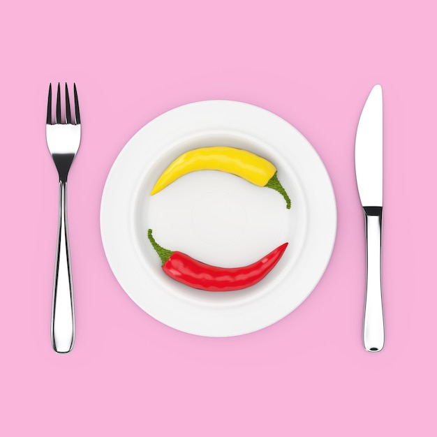 Вилка и нож возле тарелки с красным и желтым перцем чили, вид сверху на розовом фоне. 3d рендеринг