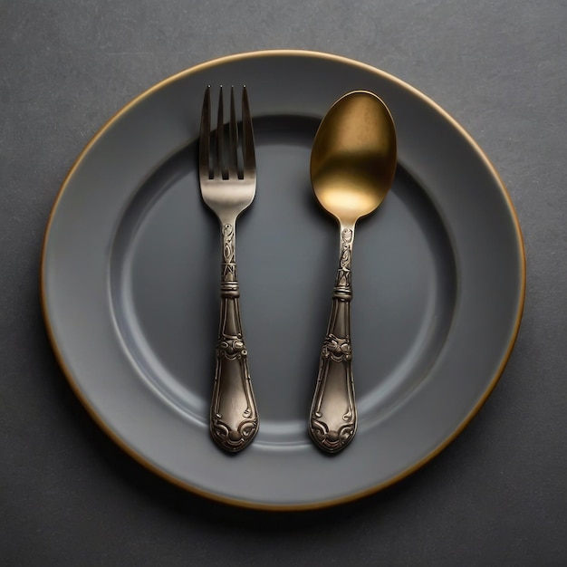 Fork and knife on a plate on a grey surface