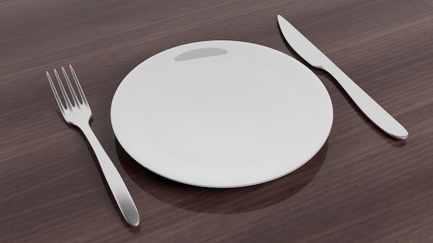 Fork knife and plate set on wooden surface