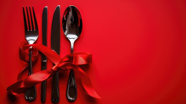 Fork knife spoon with ribbon on red
