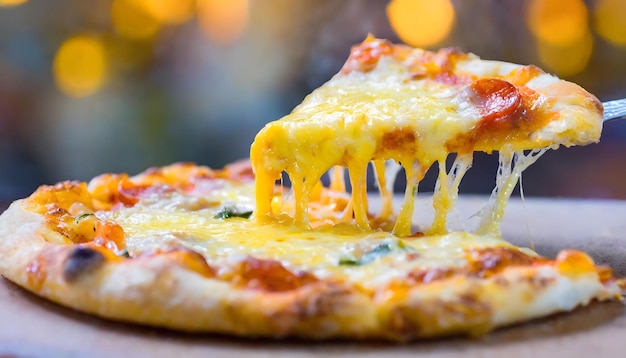 Photo fork lifting a slice of cheese pizza generative ai