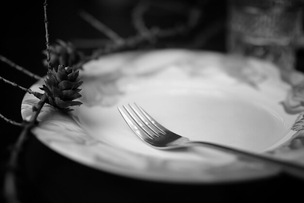 Fork in plate black white