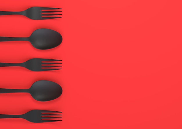 Fork and spoon on red background top view home kitchen tools and accessories for cooking 3d render