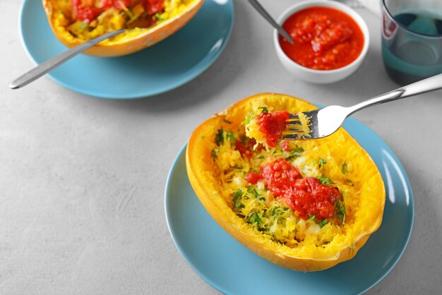 Fork with baked flesh and stuffed spaghetti squash on table