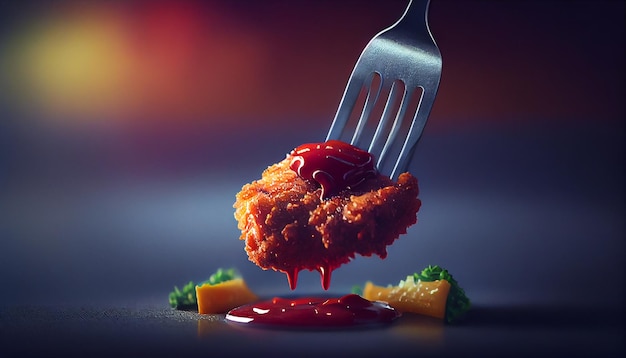 Fork with fried chicken meatballs in tomato sauce on a dark backgroundgenerative ai