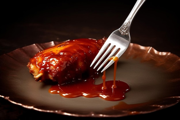 A fork with a piece of chicken with bbq sauce on