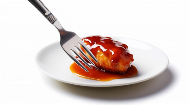 A fork with a piece of chicken with bbq sauce