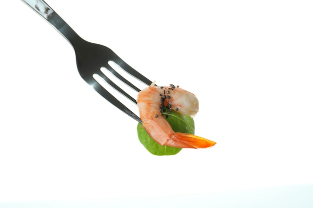 Fork with shrimp isolated on white background