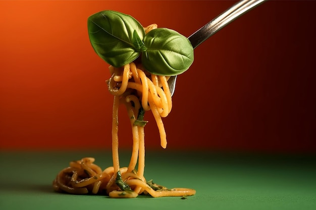 A fork with spaghetti and basil on it