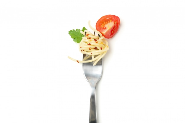 Fork with tasty pasta isolated on white wall