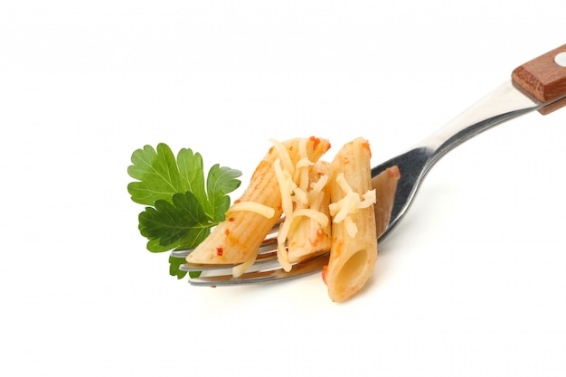 Fork with tasty pasta isolated on white