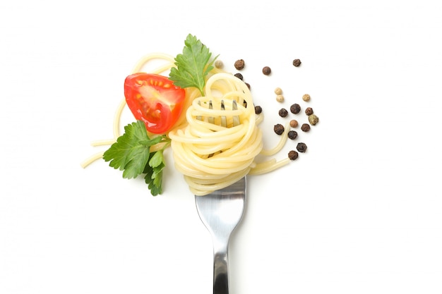 Fork with tasty pasta isolated