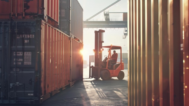 Forklift in action at sunset among shipping containers in industrial port