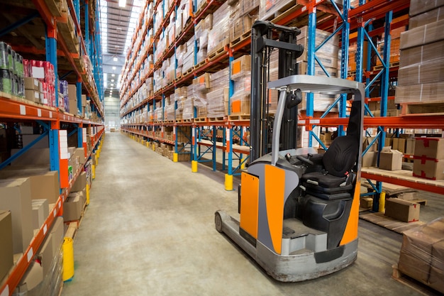 Forklift and cardboxes in shelf