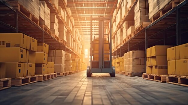 forklift carry the cardboard box at the warehouse