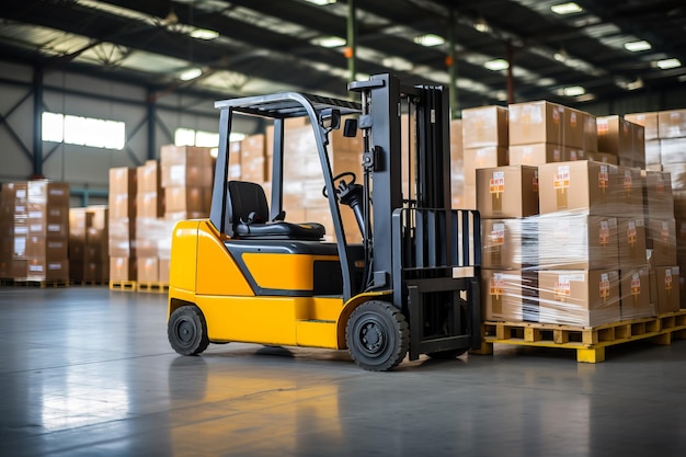 Forklift handling container box in warehouse background with empty space for text